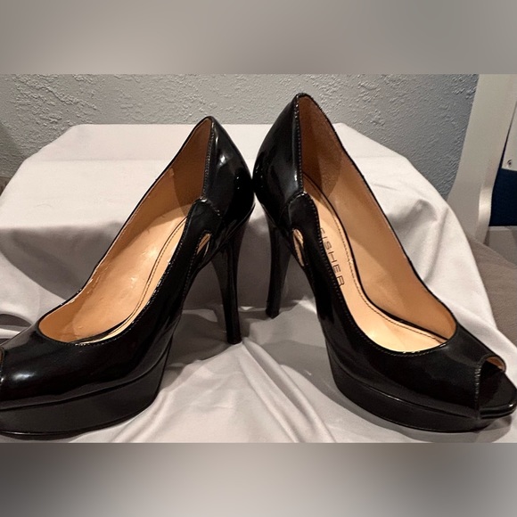 Marc Fisher black patent leather platform peep toe high heeled shoes size 7 - Picture 5 of 15